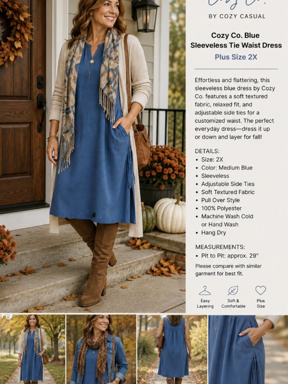 Cozy Co. Blue Sleeveless Tie Waist Dress Plus Size 2X Casual Boho Midi